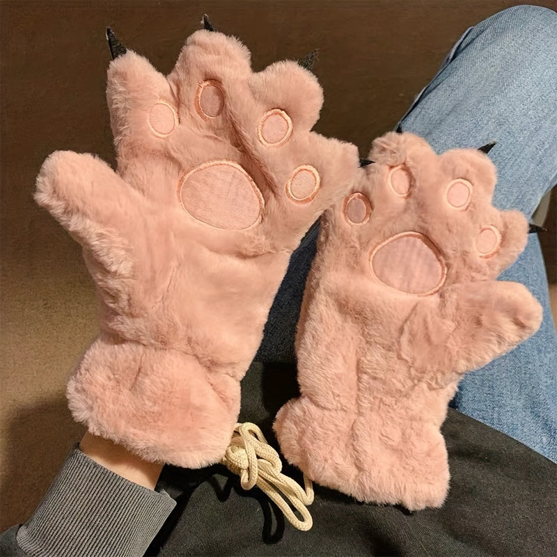 Cozy Cat Paw Plush Mittens - Ultra-Warm, Windproof Thick Fleece Gloves with Cute Animal Design for Cycling, Skiing & Outdoor Activities, White with Brown Accents
